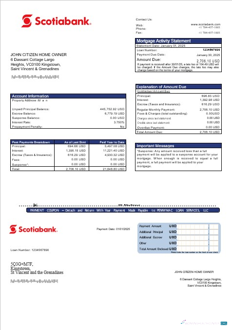 Saint Vincent and The Grenadines Scotiabank mortgage statement in Word and PDF formats